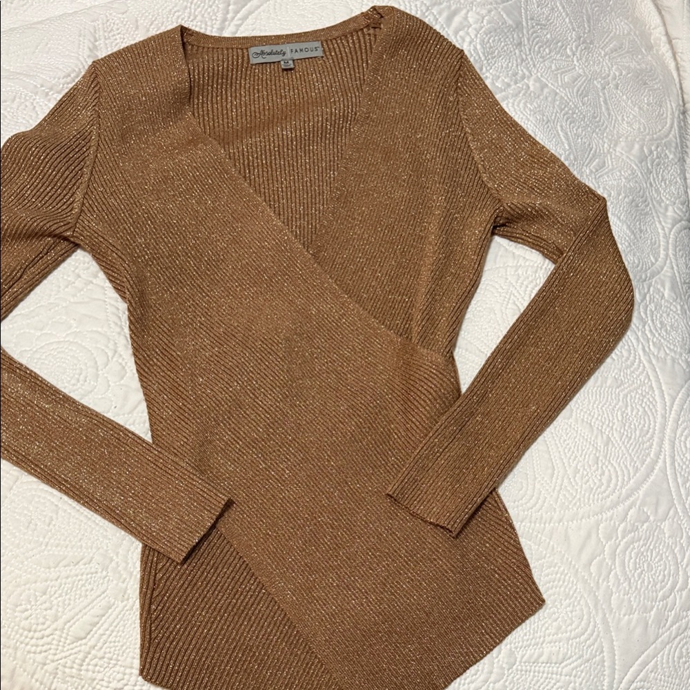 Absolutely Famous Shimmering Tan V-Neck Sweater